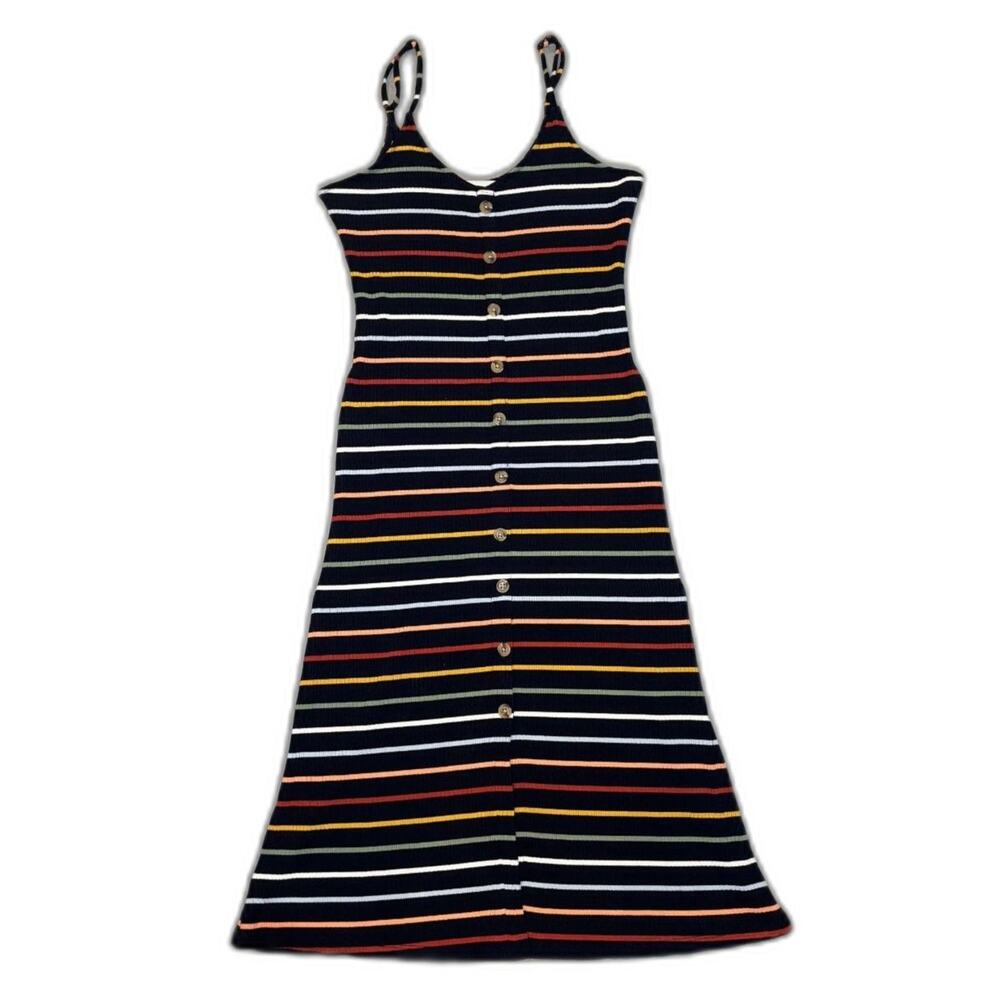 Ann Taylor Loft Black and Colorful Striped Button Dress Petite Small